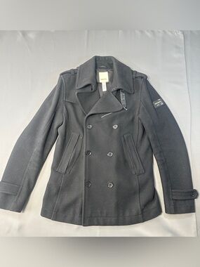 Diesel Men's Black Double-Breasted Wool Peacoat Jacket Leather Trim